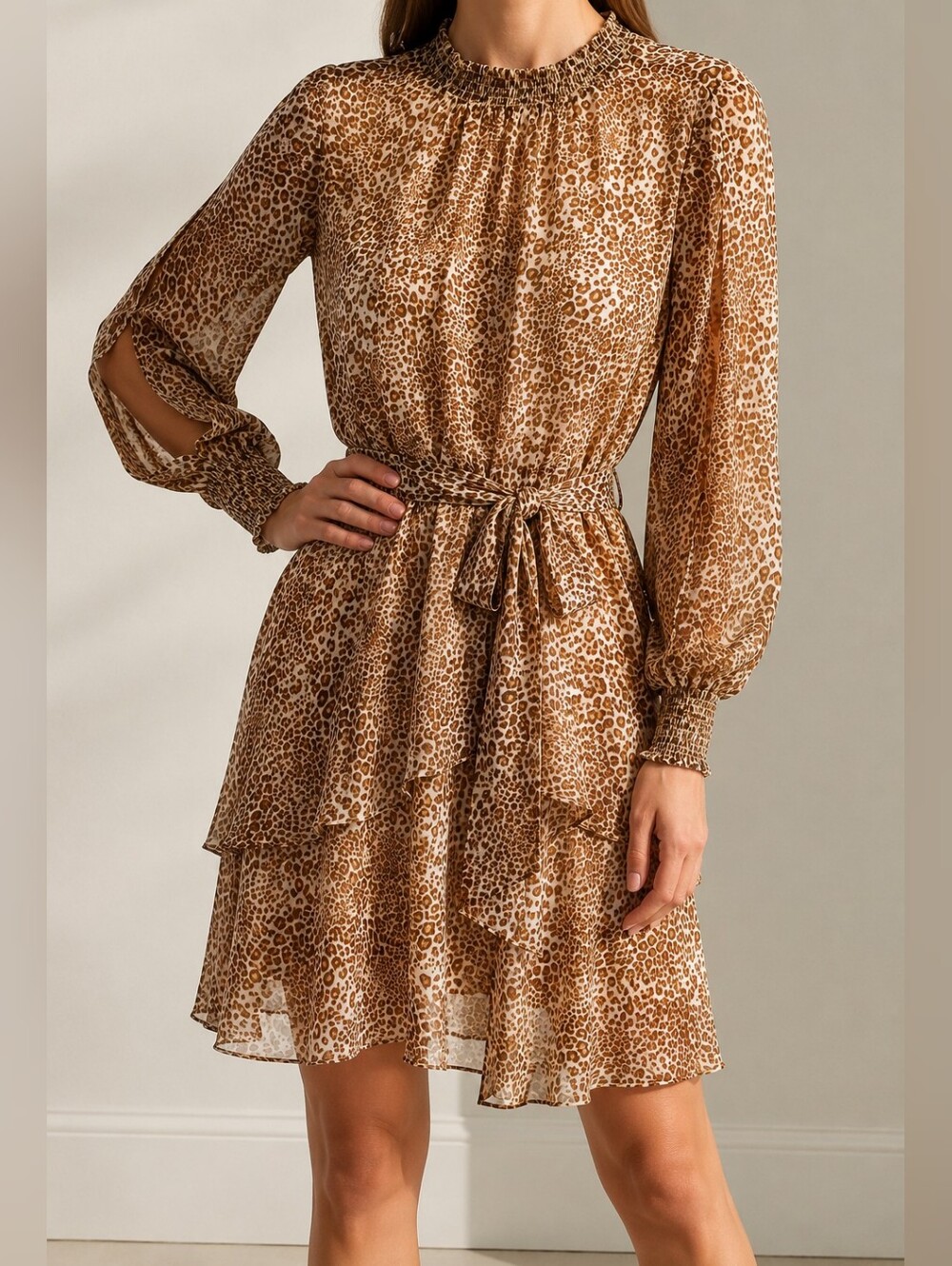 Alex Marie Midi Dress Leopard Print Smocked Ruffle with Self-Tie Waist Size 10